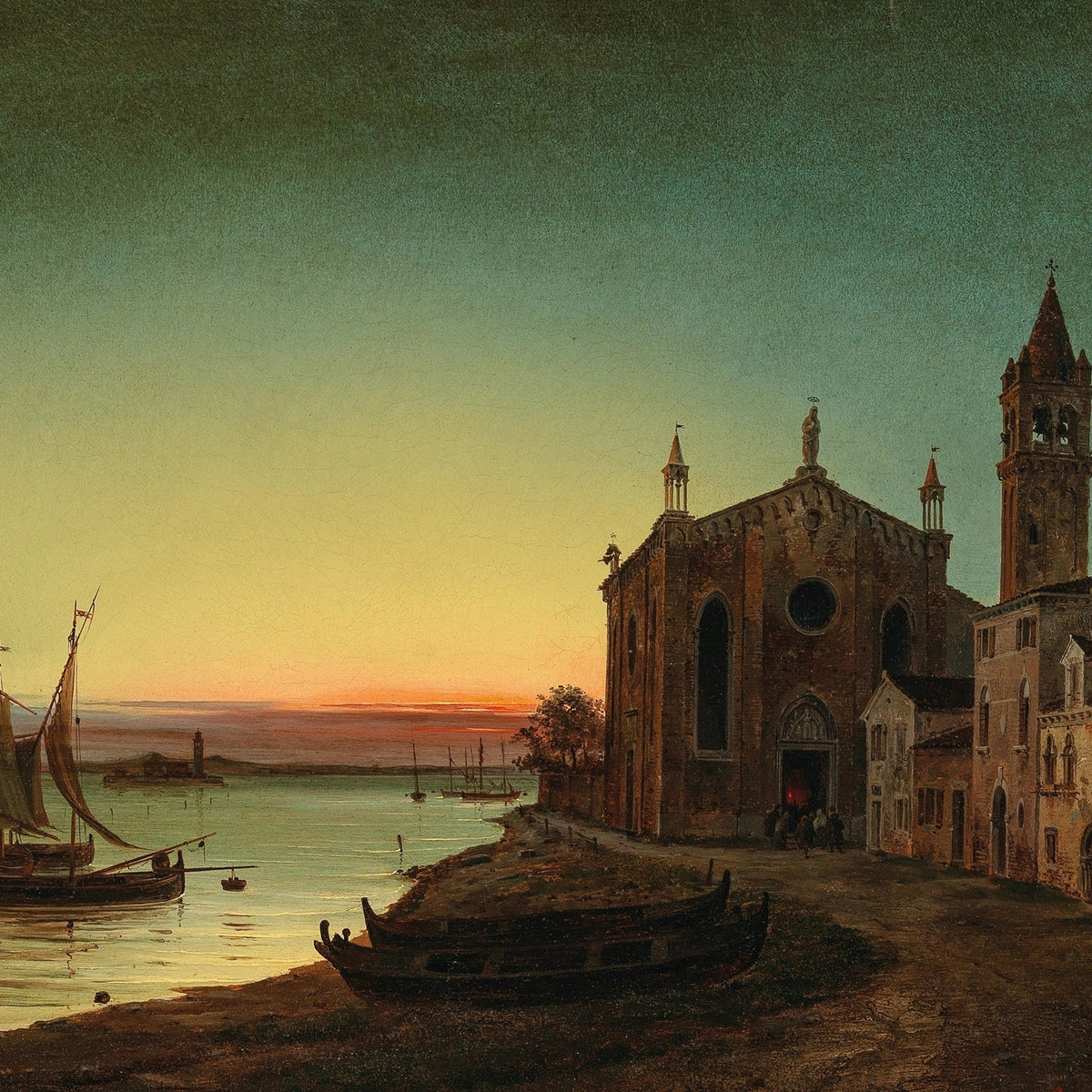 Hand-painted venetian church at sunset with sailboats landscape oil painting on canvas