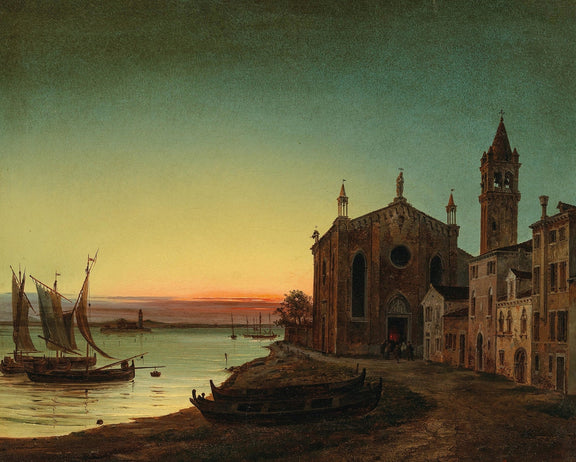 Hand-painted venetian church at sunset with sailboats landscape oil painting on canvas