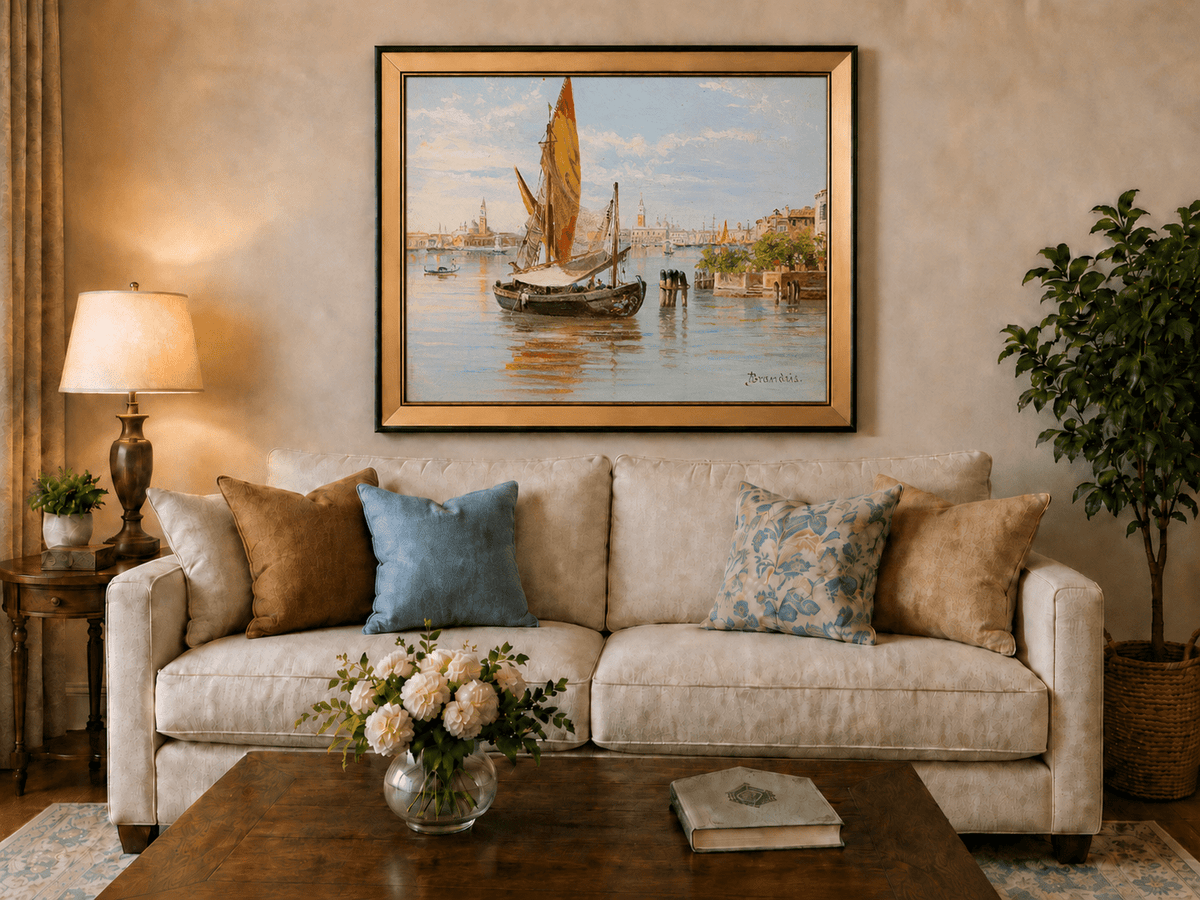 Landscape Oil Painting - Venetian Fishing Boat on Quiet Lagoon