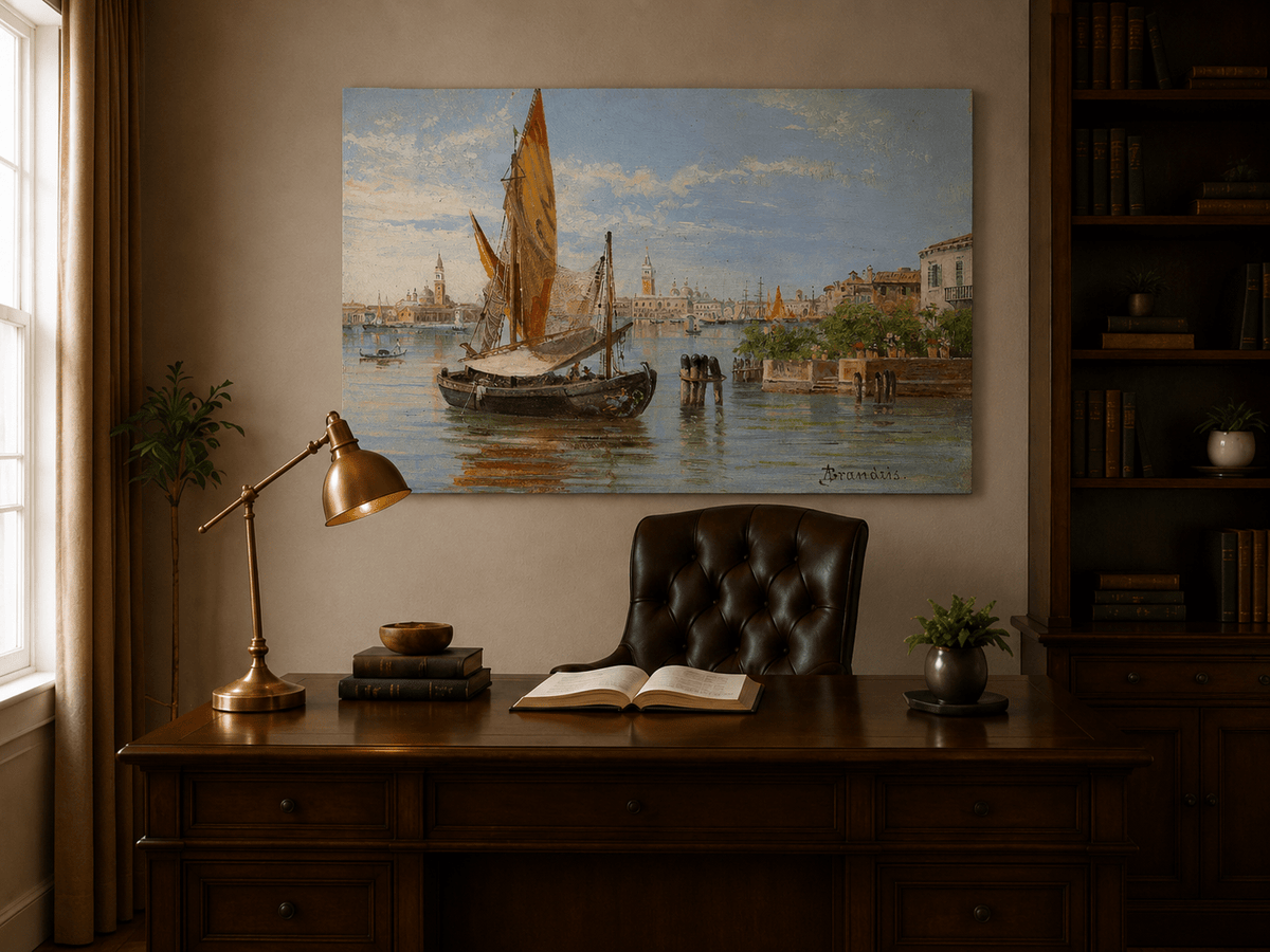 Landscape Oil Painting - Venetian Fishing Boat on Quiet Lagoon