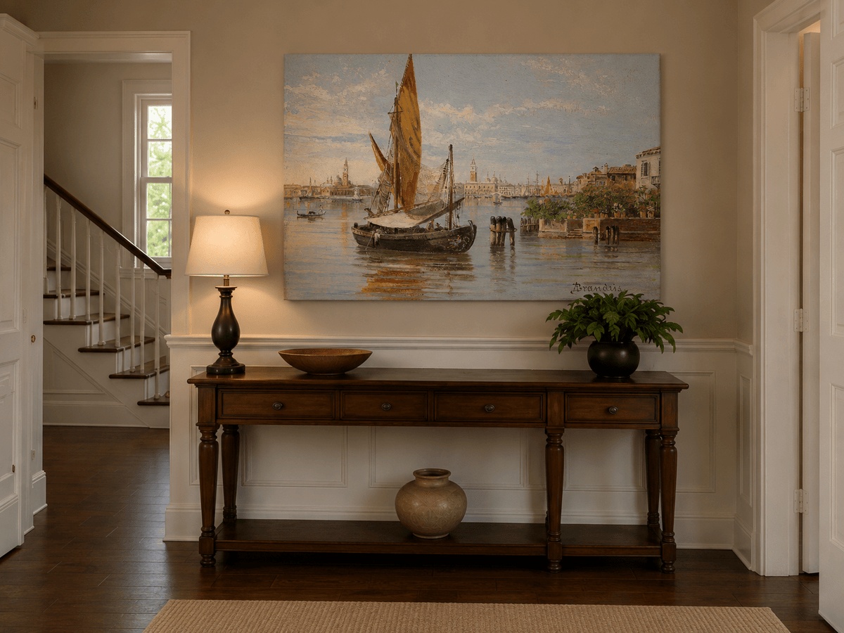 Landscape Oil Painting - Venetian Fishing Boat on Quiet Lagoon