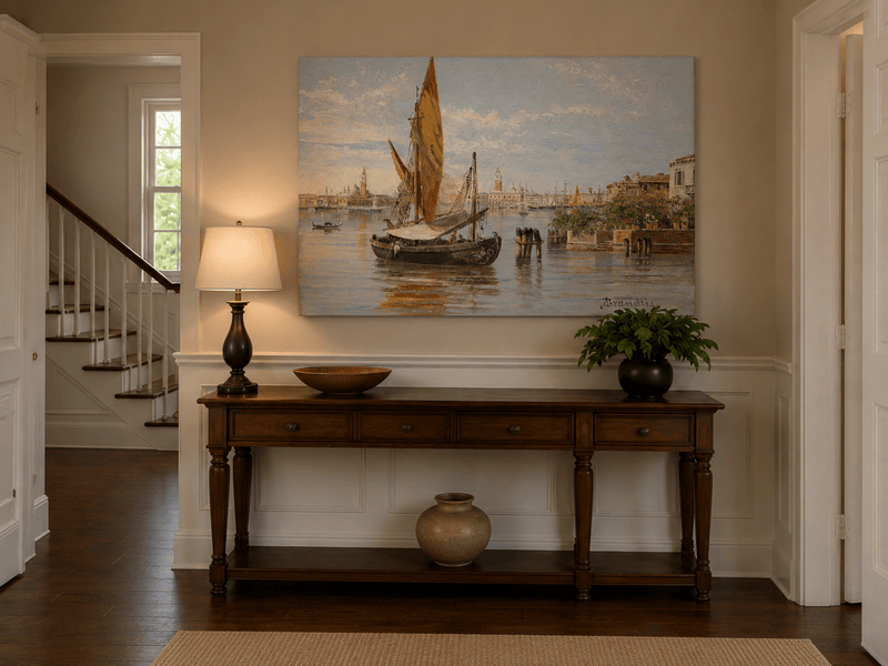 Landscape Oil Painting - Venetian Fishing Boat on Quiet Lagoon