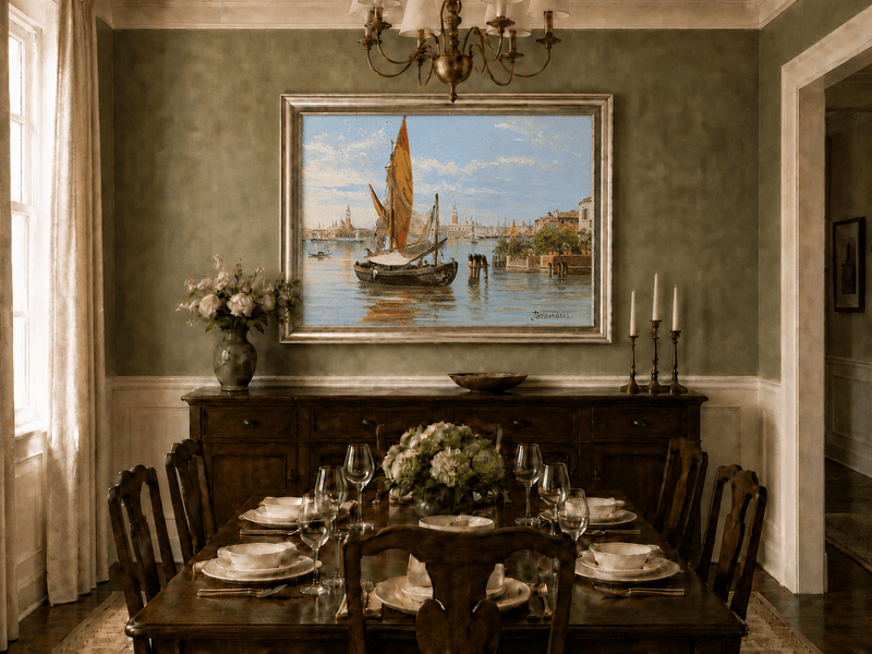 Landscape Oil Painting - Venetian Fishing Boat on Quiet Lagoon