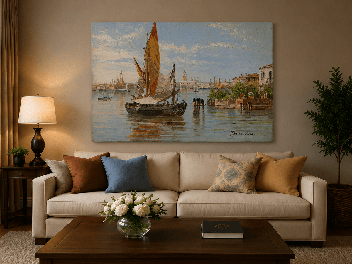 Landscape Oil Painting - Venetian Fishing Boat on Quiet Lagoon