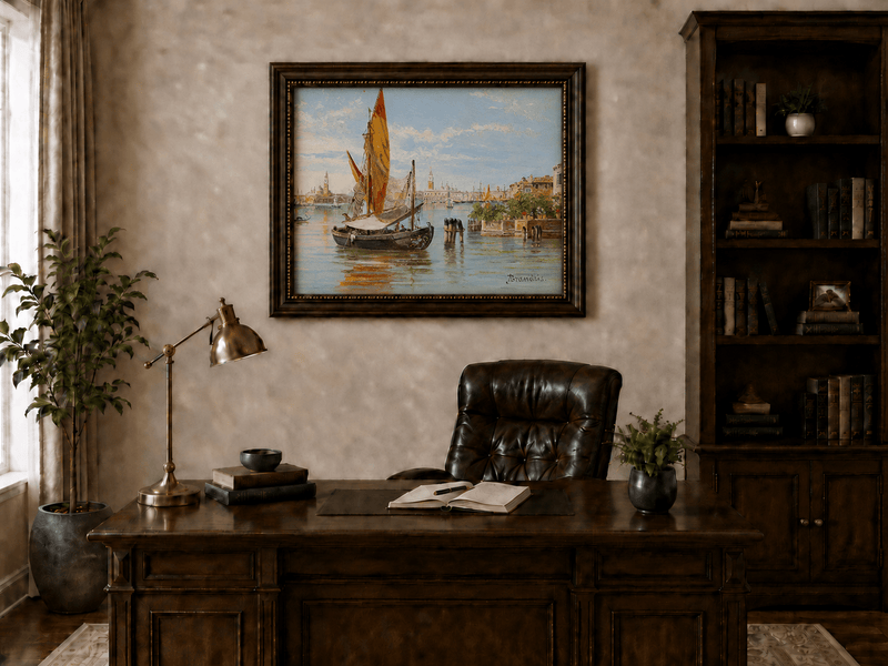 Landscape Oil Painting - Venetian Fishing Boat on Quiet Lagoon