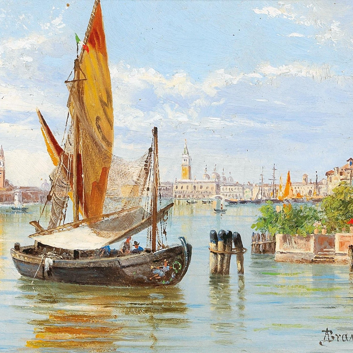 Hand-painted venetian fishing boat on quiet lagoon landscape oil painting on canvas