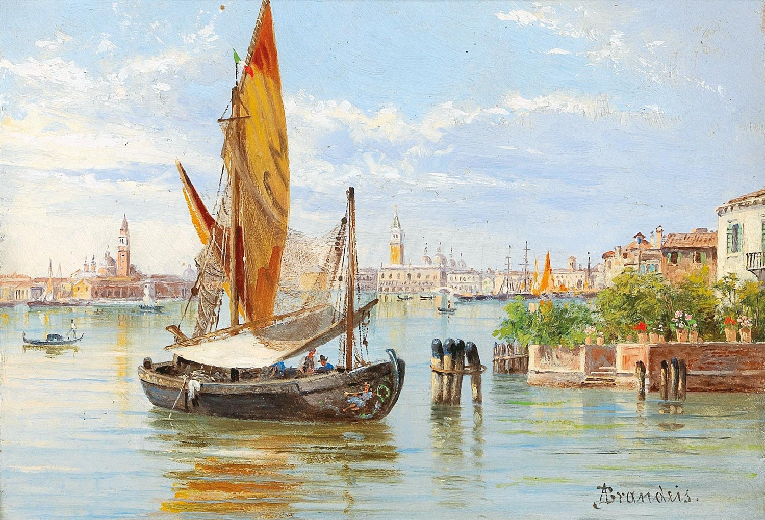 Hand-painted venetian fishing boat on quiet lagoon landscape oil painting on canvas