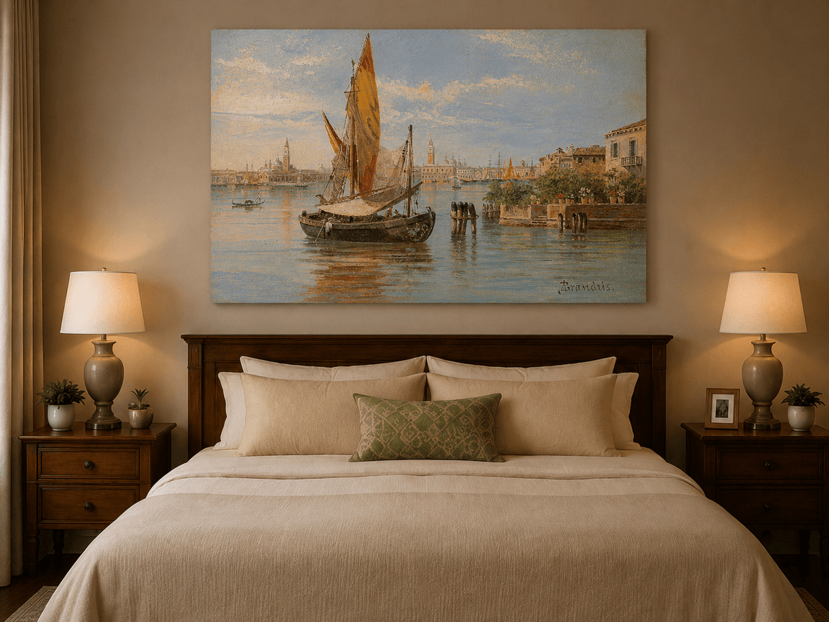 Landscape Oil Painting - Venetian Fishing Boat on Quiet Lagoon