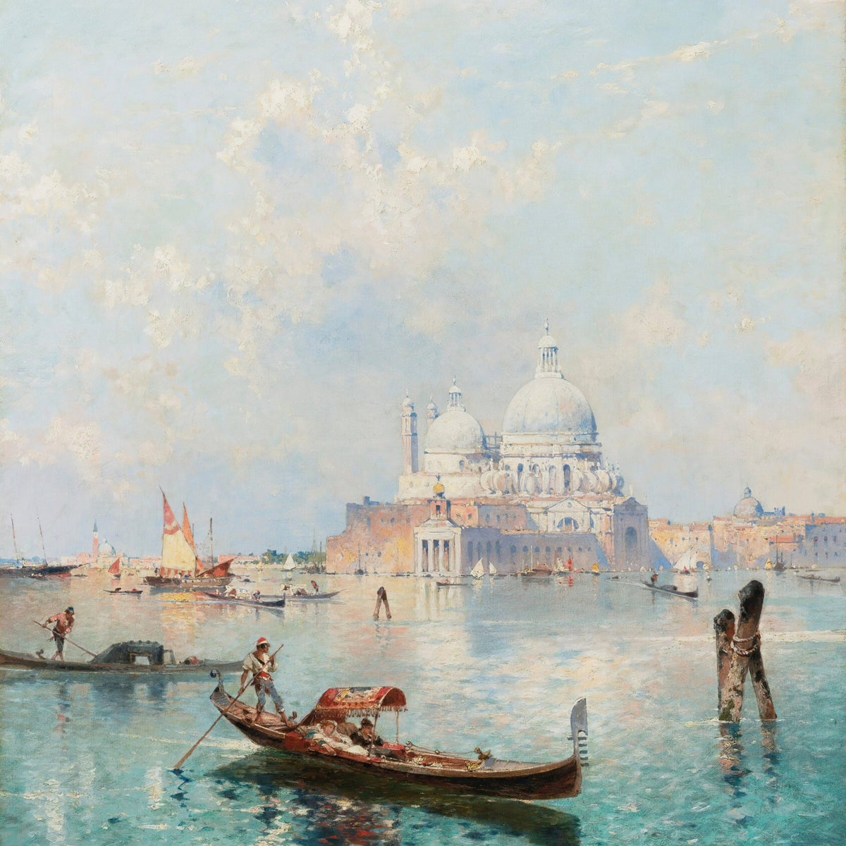 Hand-painted venetian gondola and santa maria view landscape oil painting on canvas