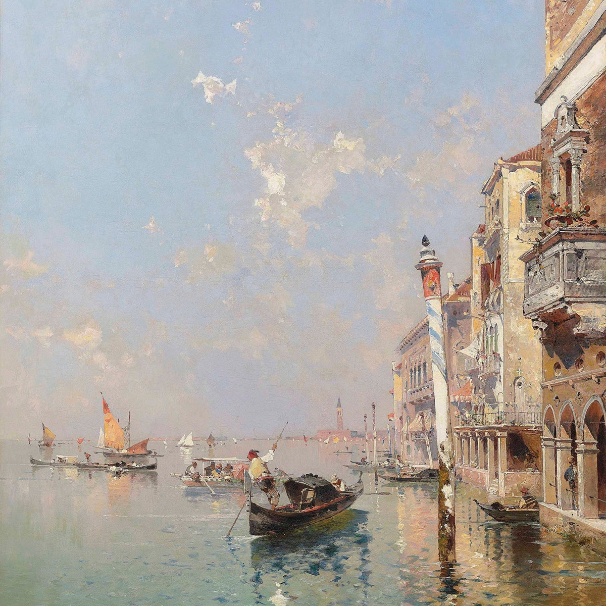 Hand-painted venetian lagoon with gondolas landscape oil painting on canvas