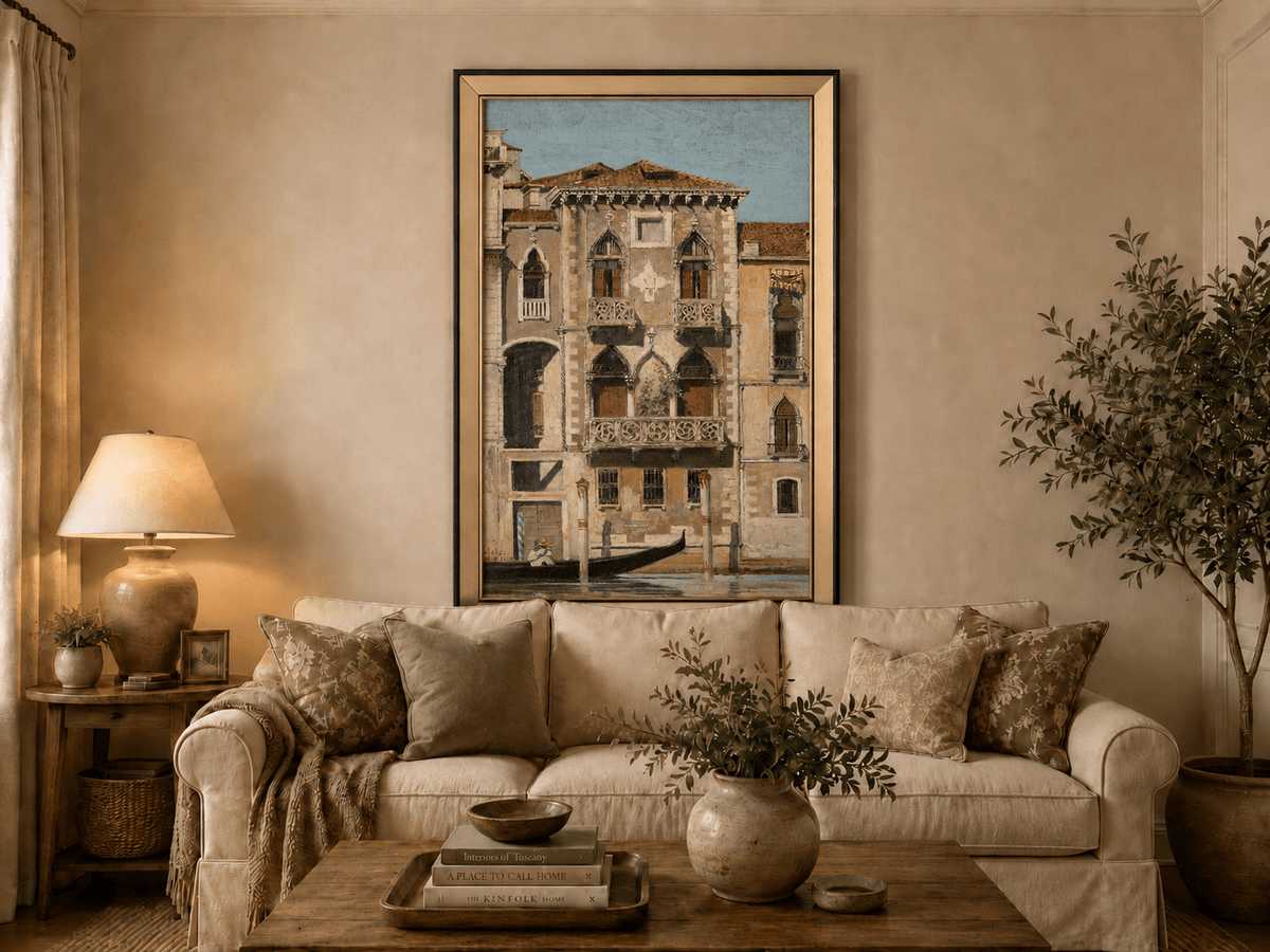 Landscape Oil Painting - Venetian Palace Facade with Gondola