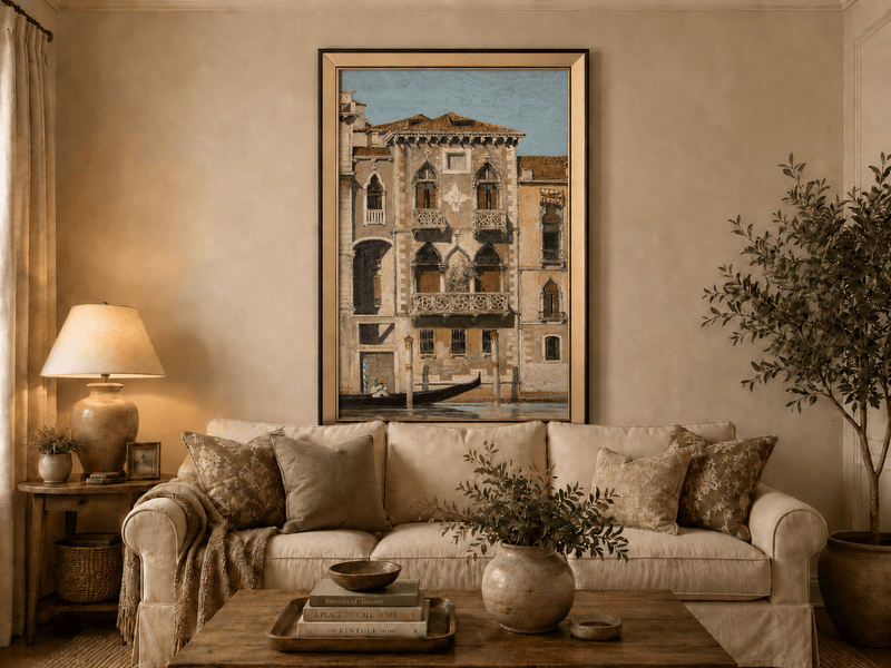 Landscape Oil Painting - Venetian Palace Facade with Gondola