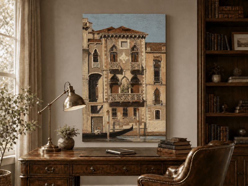 Landscape Oil Painting - Venetian Palace Facade with Gondola