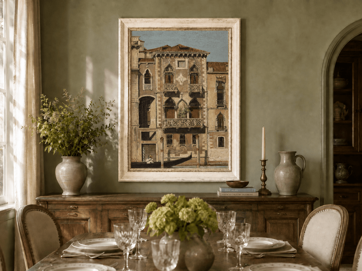 Landscape Oil Painting - Venetian Palace Facade with Gondola