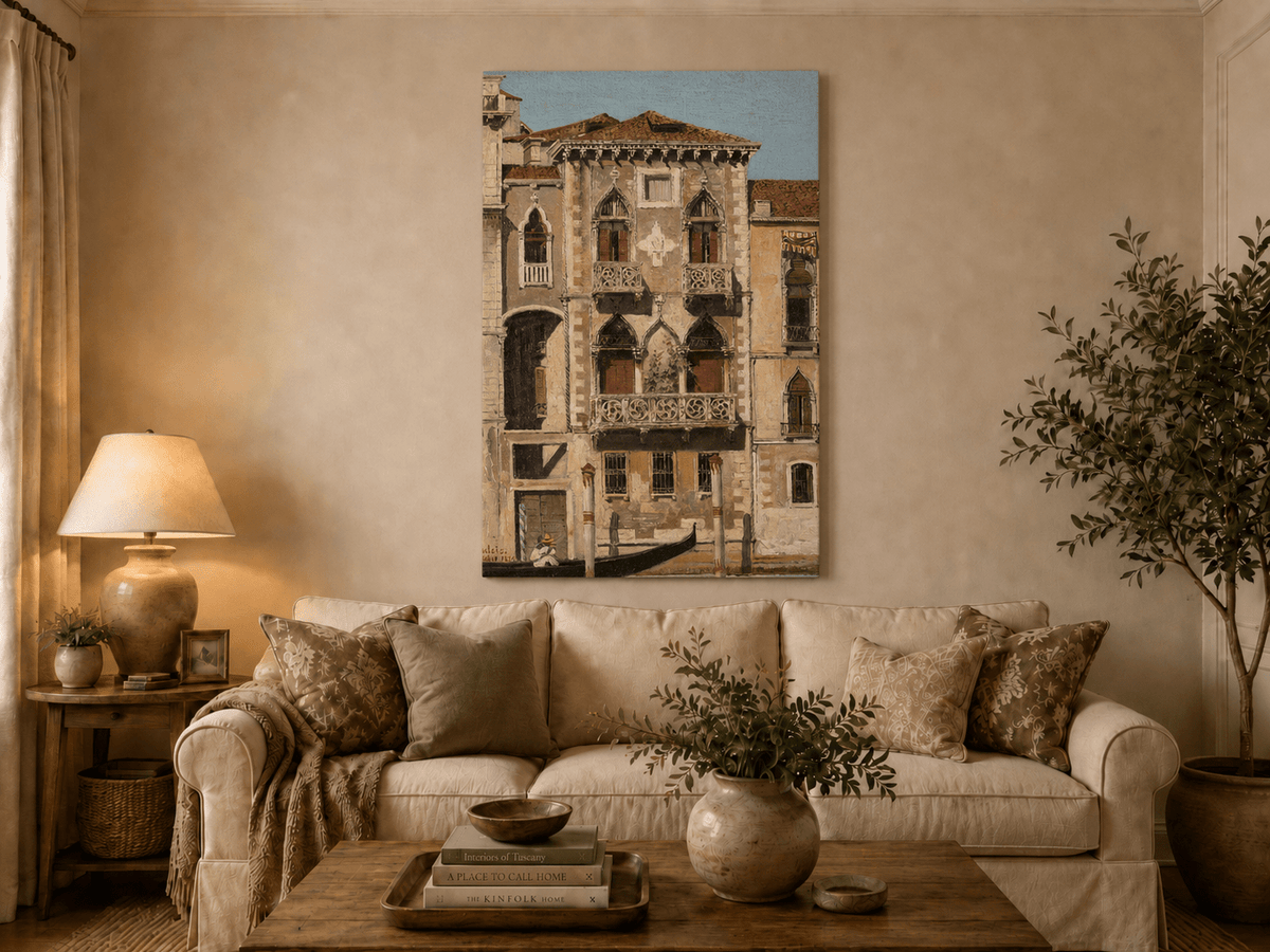 Landscape Oil Painting - Venetian Palace Facade with Gondola