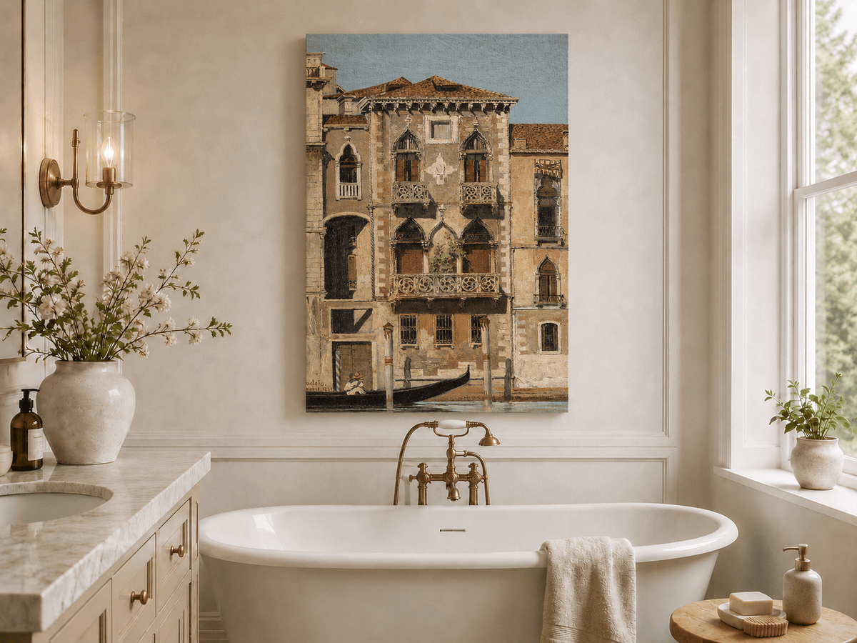 Landscape Oil Painting - Venetian Palace Facade with Gondola