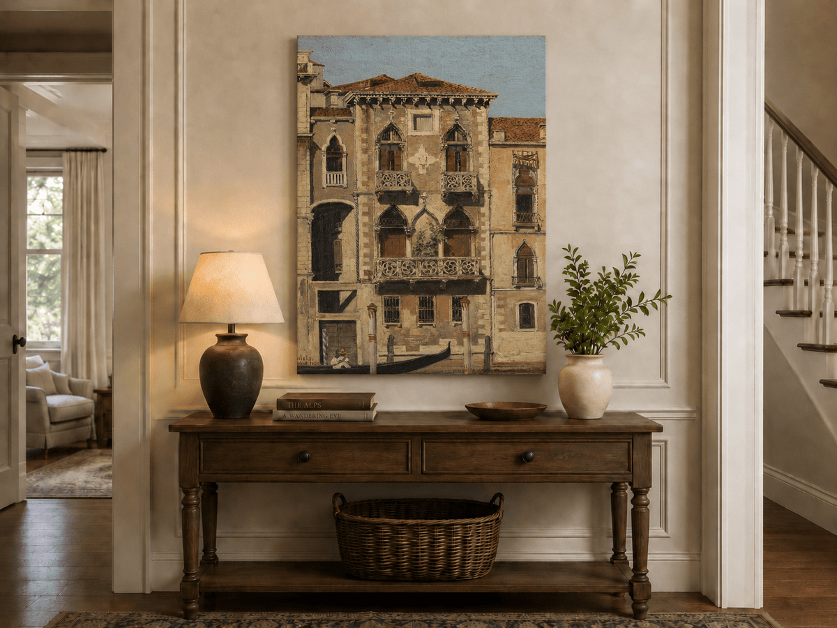 Landscape Oil Painting - Venetian Palace Facade with Gondola