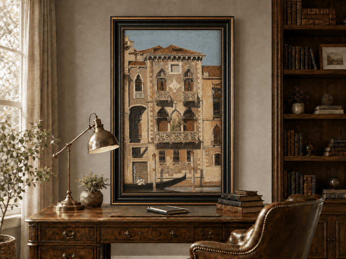 Landscape Oil Painting - Venetian Palace Facade with Gondola