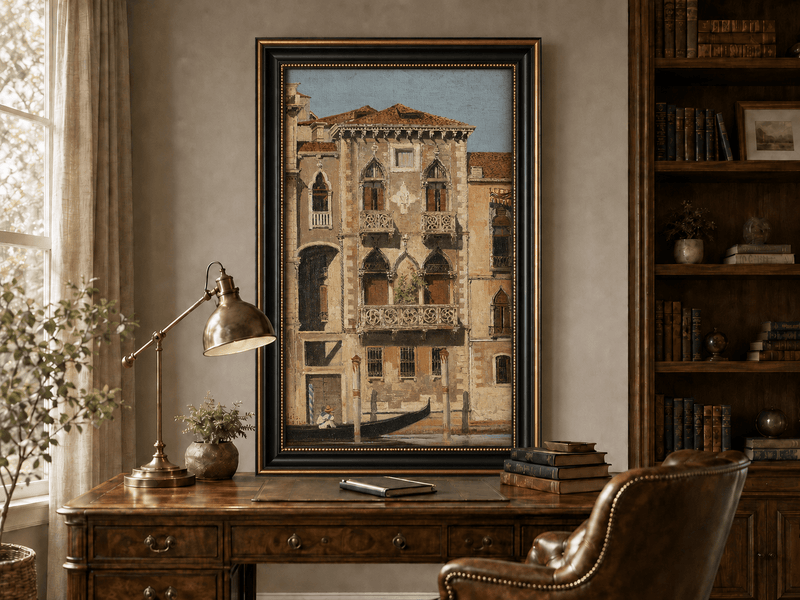 Landscape Oil Painting - Venetian Palace Facade with Gondola