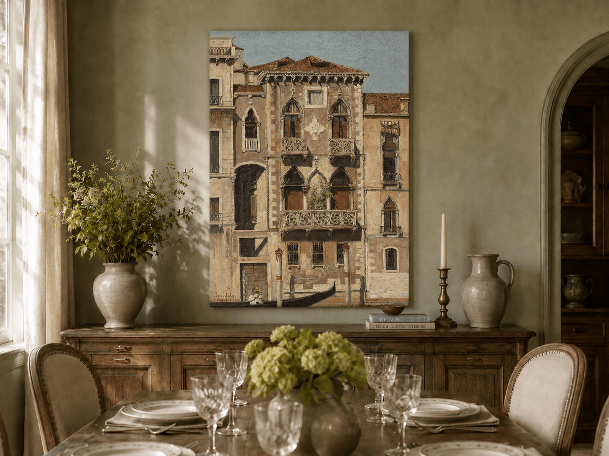 Landscape Oil Painting - Venetian Palace Facade with Gondola