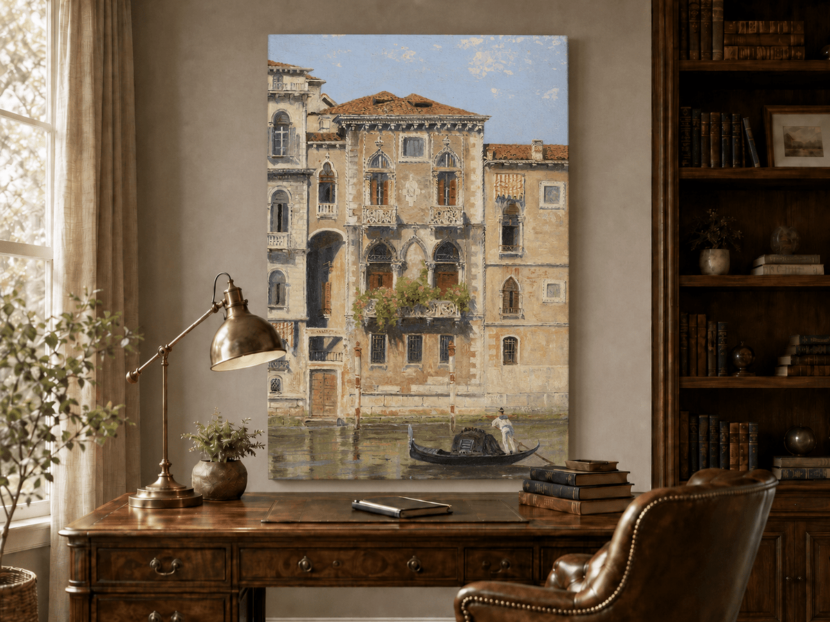 Landscape Oil Painting - Venetian Palazzo Facade with Gondola
