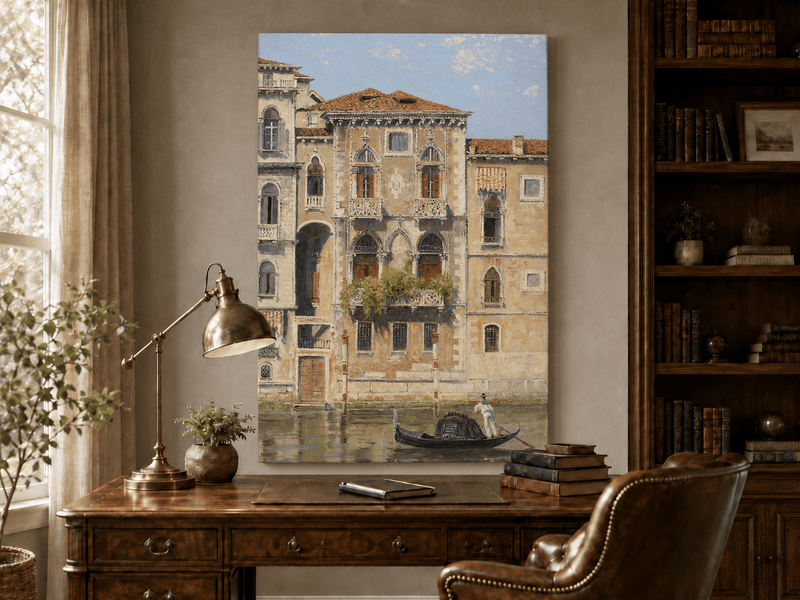 Landscape Oil Painting - Venetian Palazzo Facade with Gondola