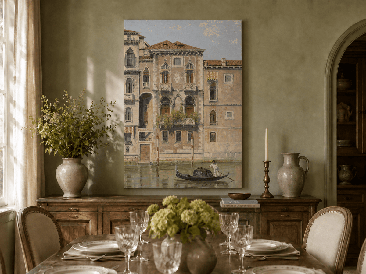 Landscape Oil Painting - Venetian Palazzo Facade with Gondola