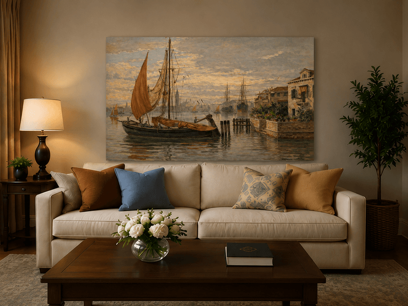 Landscape Oil Painting - Venetian Sailboat by Canal House
