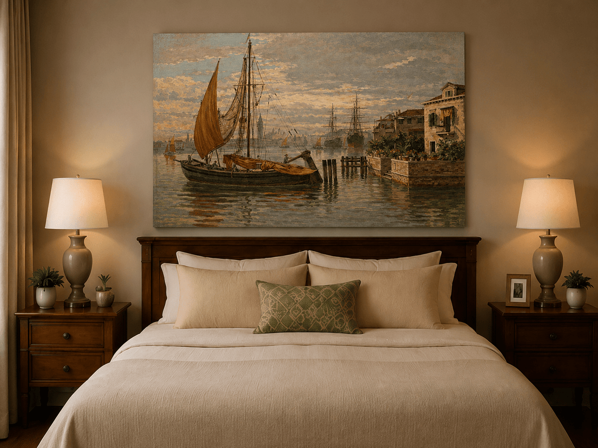 Landscape Oil Painting - Venetian Sailboat by Canal House