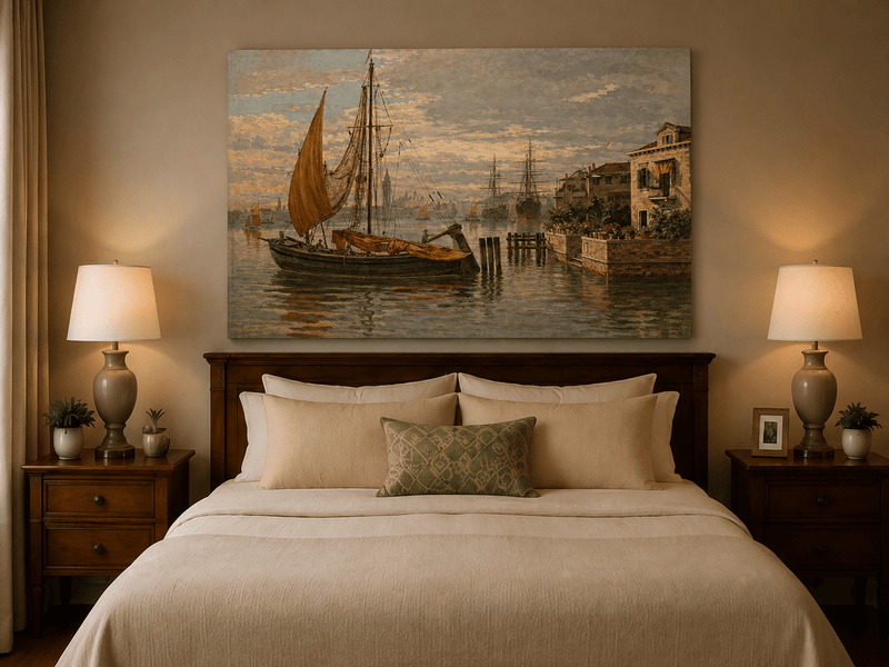 Landscape Oil Painting - Venetian Sailboat by Canal House