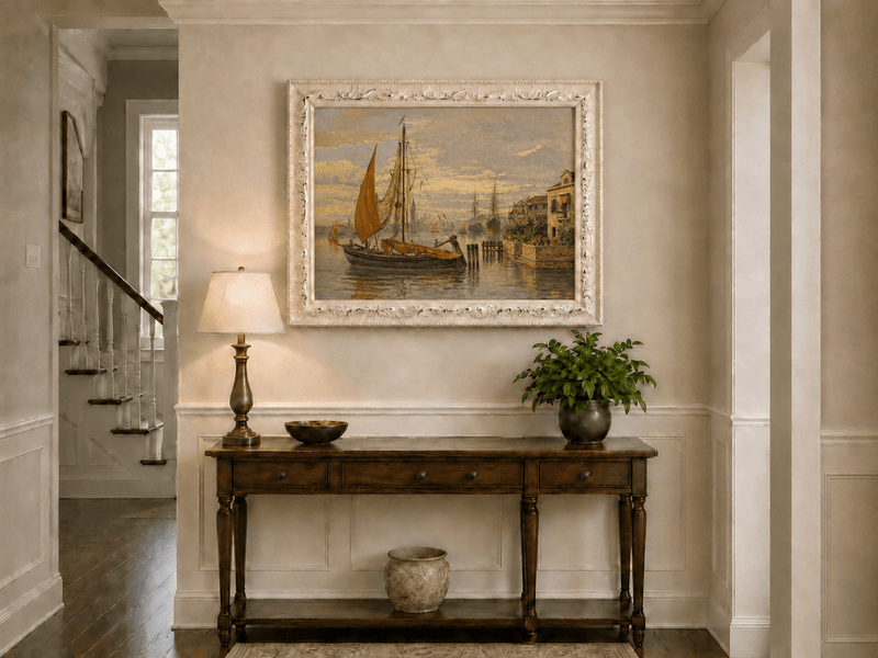 Landscape Oil Painting - Venetian Sailboat by Canal House