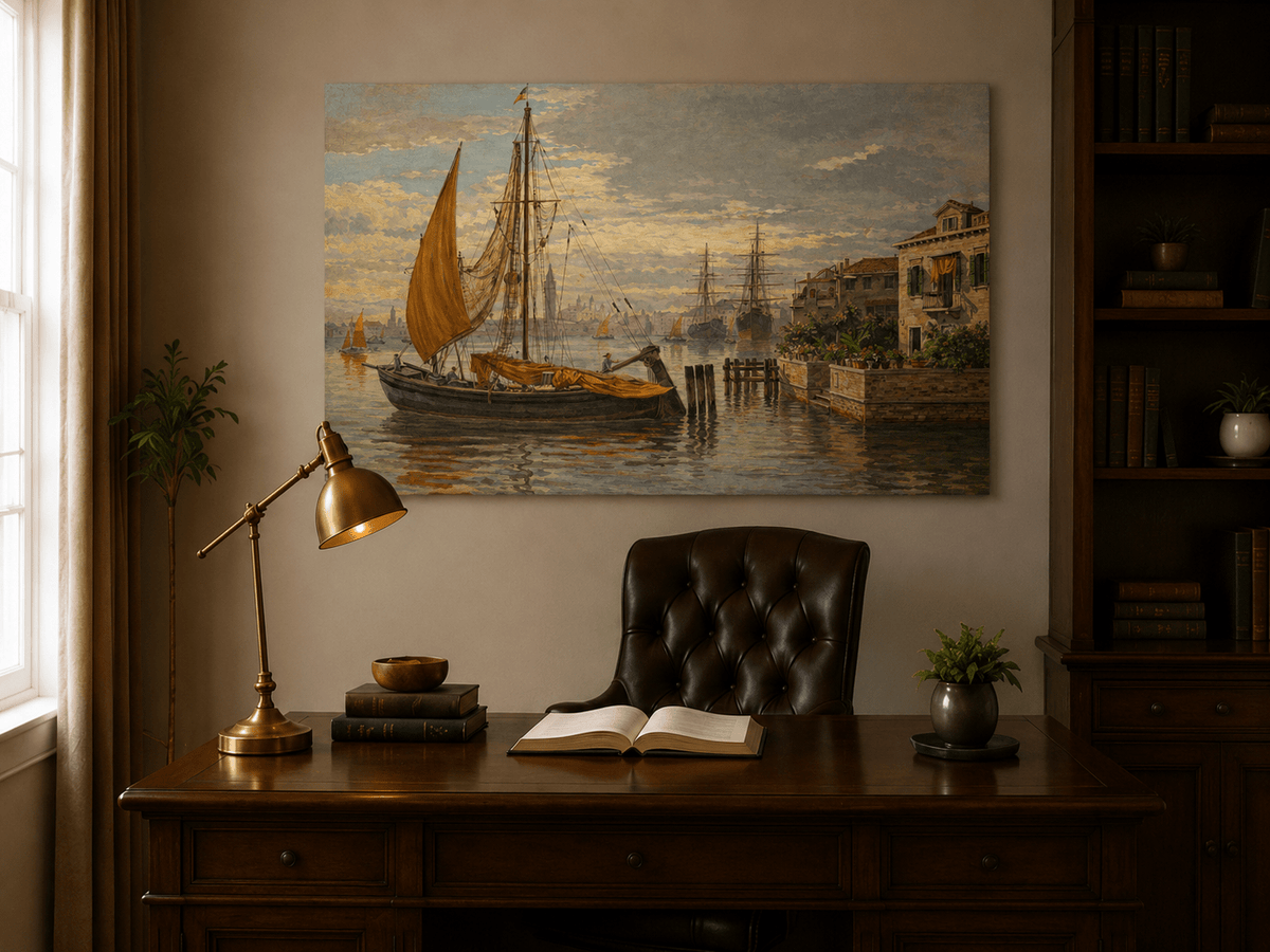 Landscape Oil Painting - Venetian Sailboat by Canal House