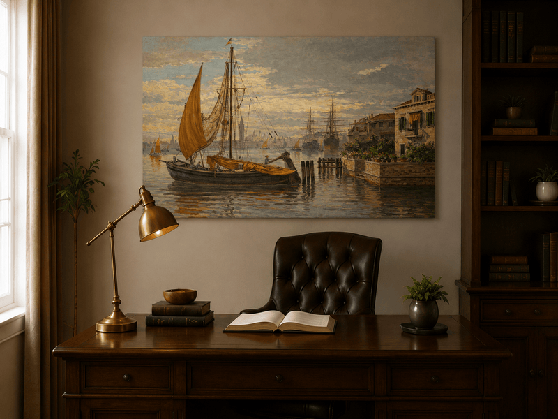 Landscape Oil Painting - Venetian Sailboat by Canal House