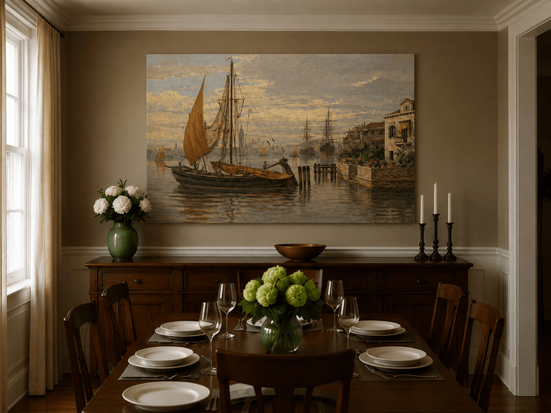 Landscape Oil Painting - Venetian Sailboat by Canal House