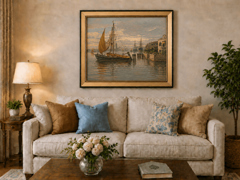 Landscape Oil Painting - Venetian Sailboat by Canal House