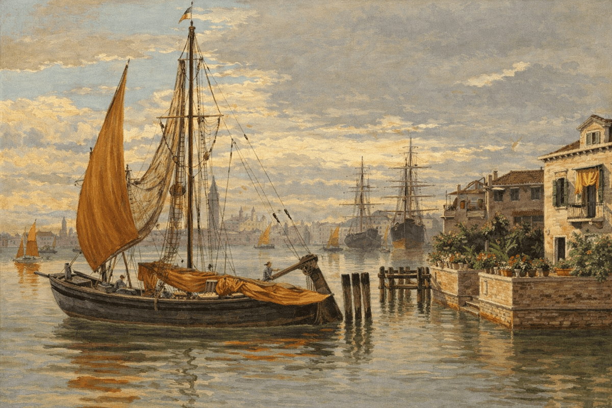Landscape Oil Painting - Venetian Sailboat by Canal House - Oil Painting Haven