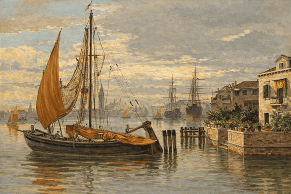 Landscape Oil Painting - Venetian Sailboat by Canal House - Oil Painting Haven