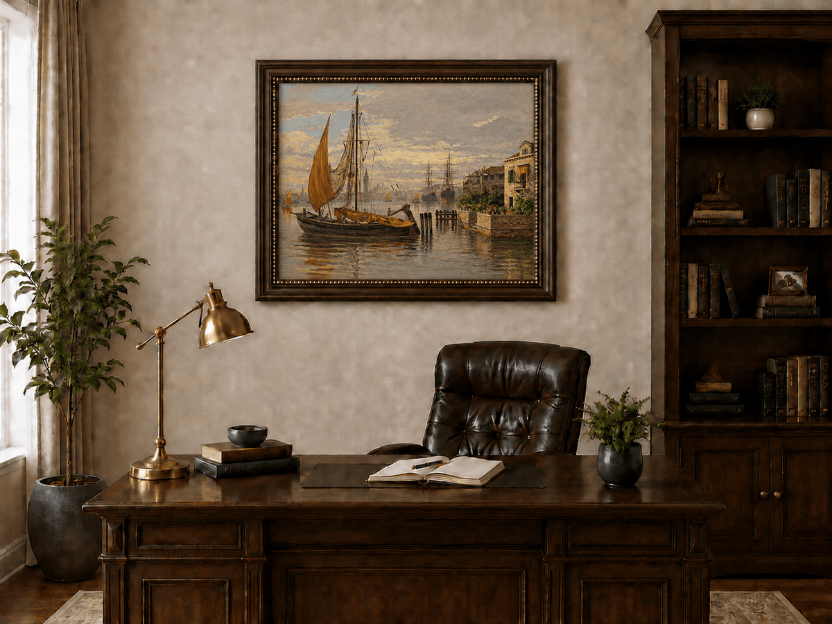 Landscape Oil Painting - Venetian Sailboat by Canal House