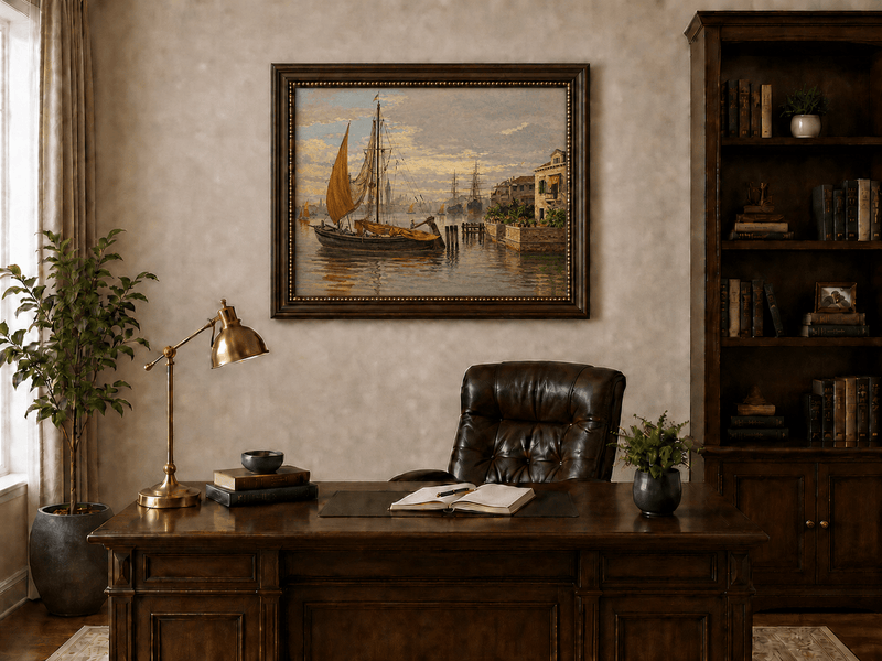 Landscape Oil Painting - Venetian Sailboat by Canal House