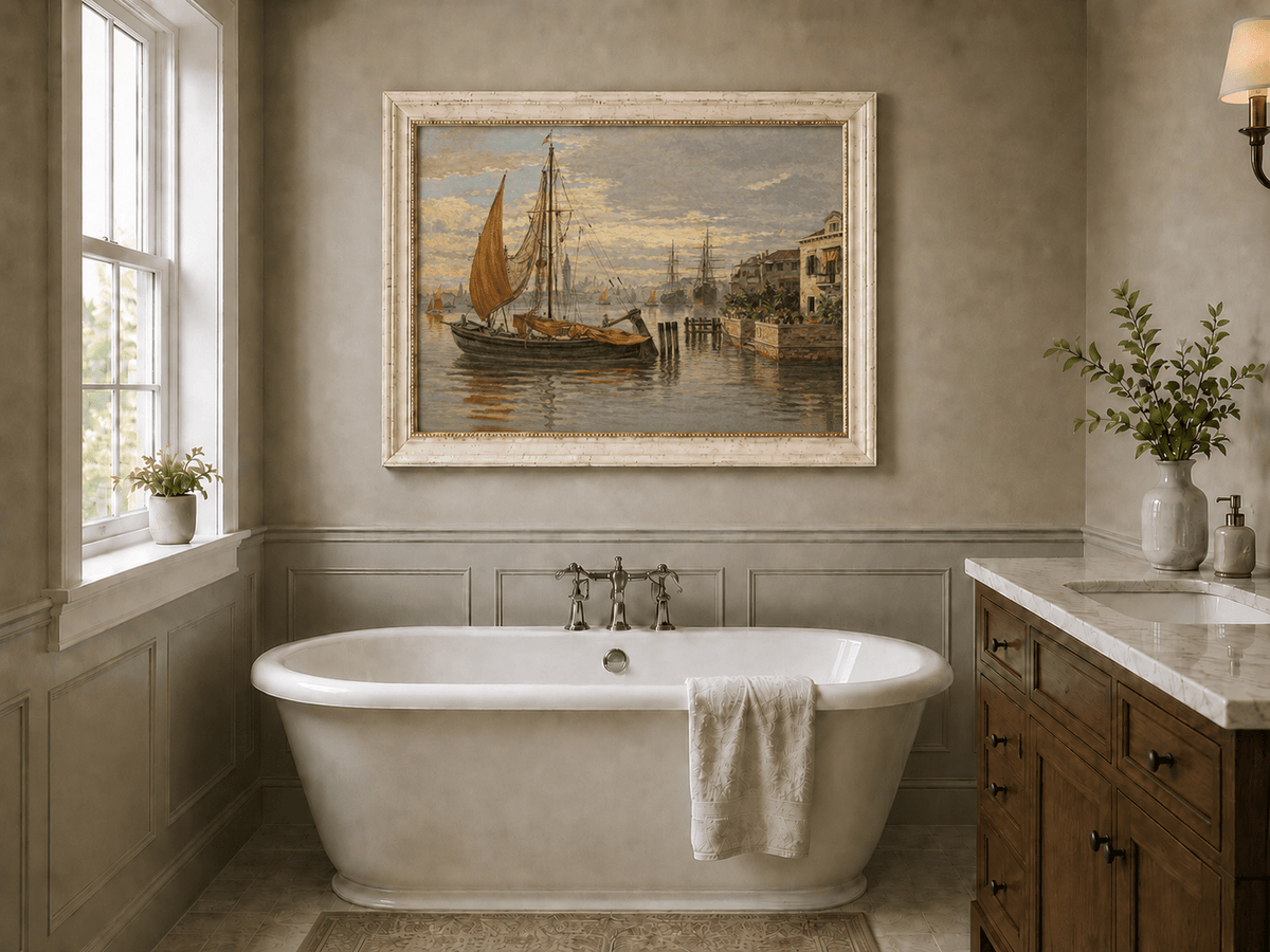 Landscape Oil Painting - Venetian Sailboat by Canal House