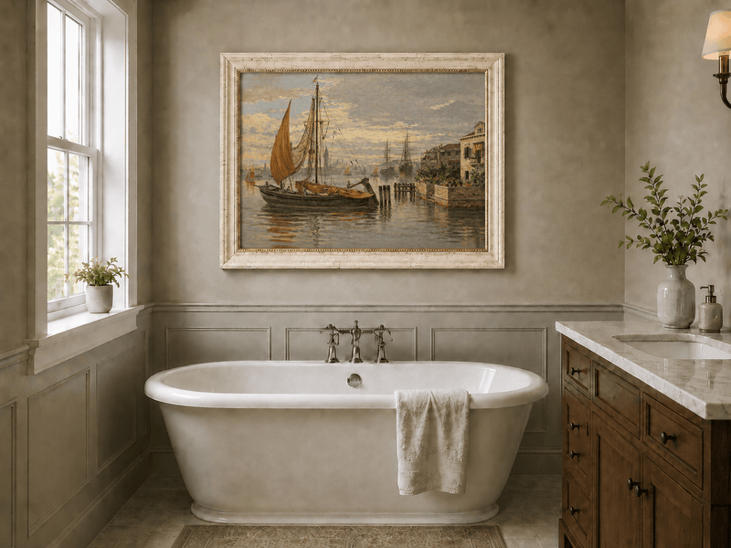 Landscape Oil Painting - Venetian Sailboat by Canal House