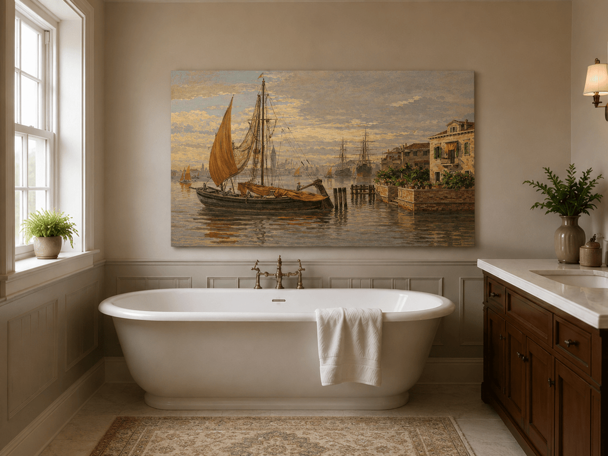 Landscape Oil Painting - Venetian Sailboat by Canal House