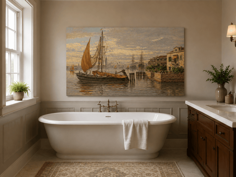 Landscape Oil Painting - Venetian Sailboat by Canal House