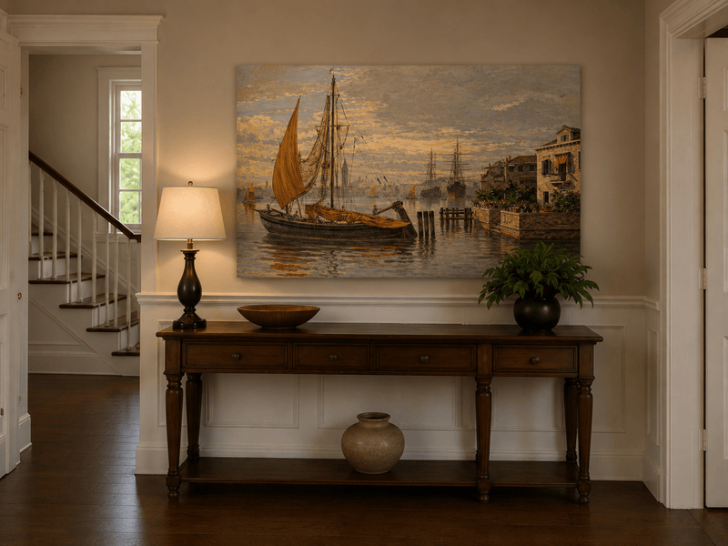 Landscape Oil Painting - Venetian Sailboat by Canal House