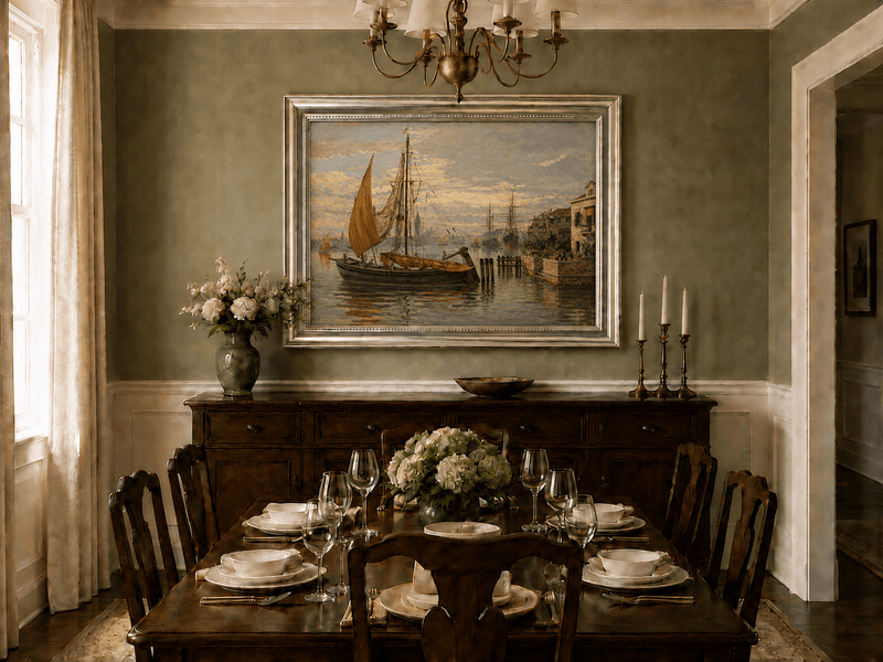 Landscape Oil Painting - Venetian Sailboat by Canal House