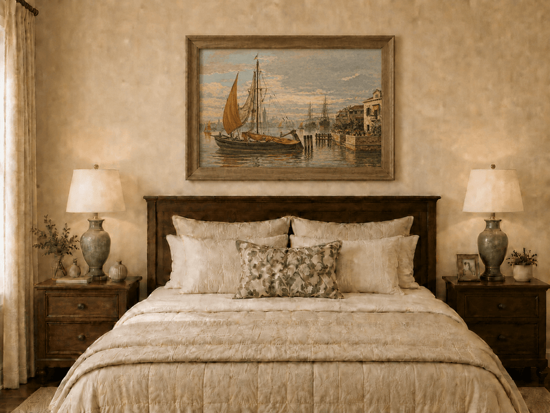 Landscape Oil Painting - Venetian Sailboat by Canal House