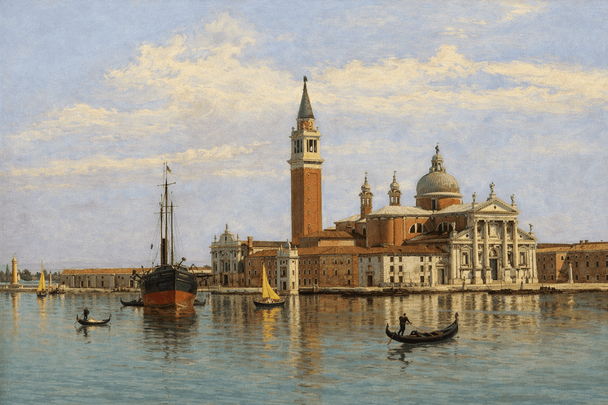 Hand-painted venice basilica, gondolas and harbor landscape oil painting on canvas