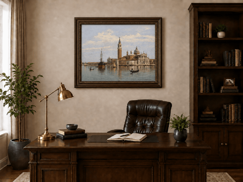 Landscape Oil Painting - Venice Basilica, Gondolas and Harbor