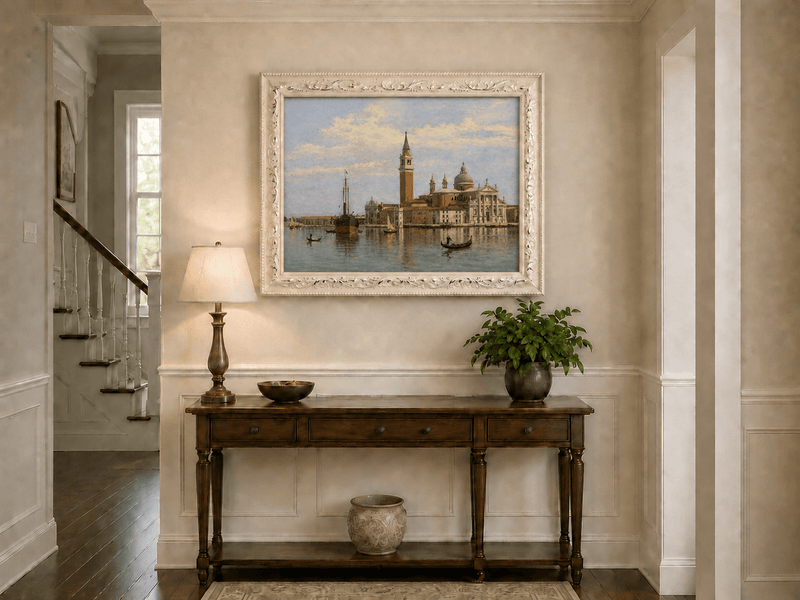 Landscape Oil Painting - Venice Basilica, Gondolas and Harbor