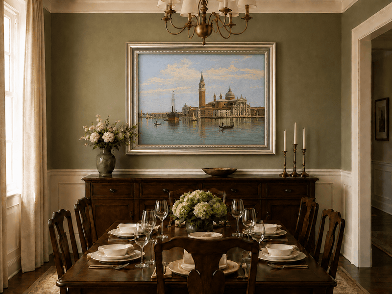 Landscape Oil Painting - Venice Basilica, Gondolas and Harbor